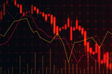 Naklejka na ściany i meble Economy recession and inflation concept with falling down digital red financial chart candlestick and graphs on dark stock market background. 3D rendering
