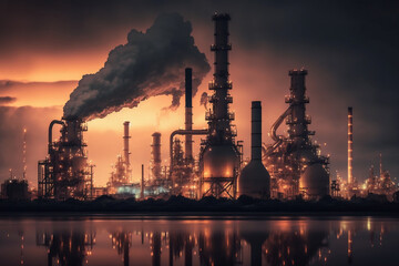 Fototapeta premium An industrial refinery at dusk, with glowing lights and silhouetted machinery against the sky. Smokestacks are visible in the background, emitting steam into the air