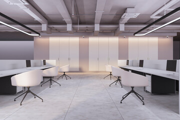 Modern concrete coworking office interior with furniture, equipment and other items. Workplace and commercial space concept. 3D Rendering.