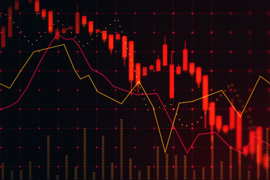 Economy recession and inflation concept with falling down digital red financial chart candlestick and graphs on dark stock market background. 3D rendering