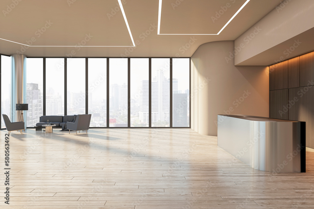 Poster empty wooden floor with space for your product presentation in modern interior design office hall wi