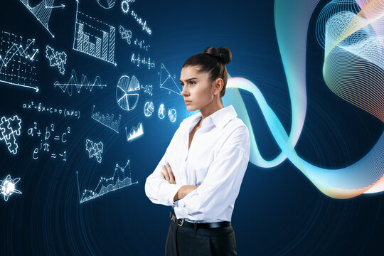Portrait of upset young european businesswoman with glowing mathematical formulas hologram on blurry blue background. Equation, digital data and mathematics app concept. - Powered by Adobe