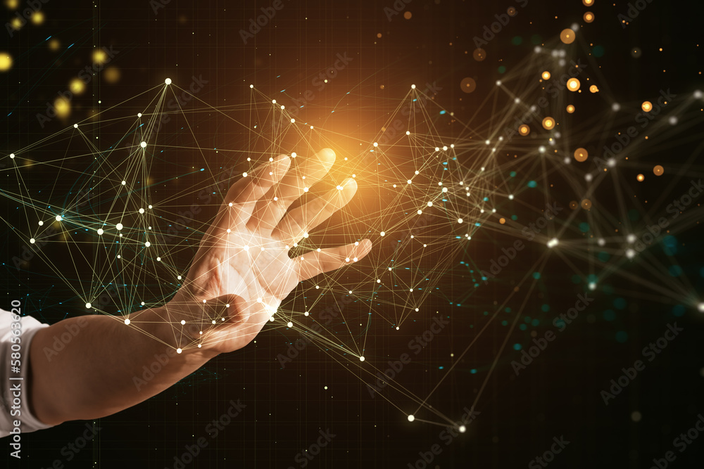 Poster close up of male hand pushing and using glowing polygonal mesh interface on dark background. technol