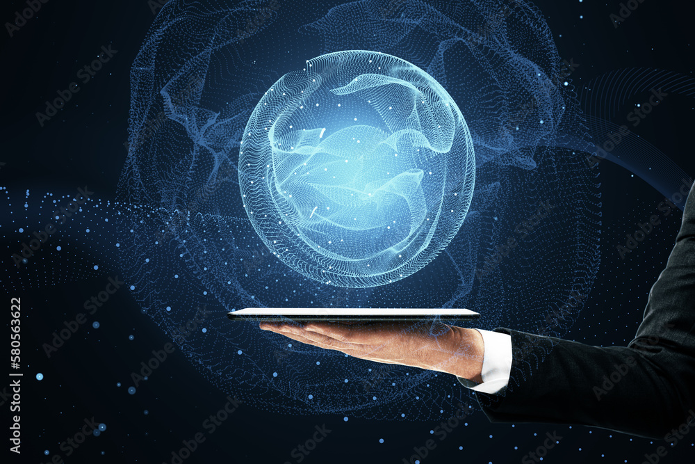 Poster Close up of hand holding cellphone with polygonal globe hologram on dark background. World map with global social network. Future concept. Blue futuristic background with planet.