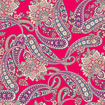 Floral fabric background with paisley ornament. Seamless vector pattern
