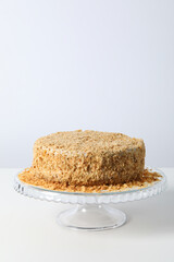 Concept of delicious sweet food - honey cake, space for text