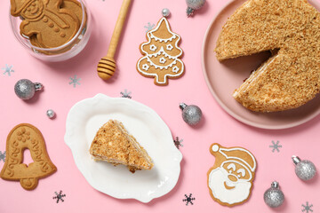 Concept of delicious sweet food - honey cake, top view