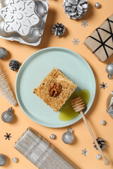 Concept of delicious sweet food - honey cake, top view
