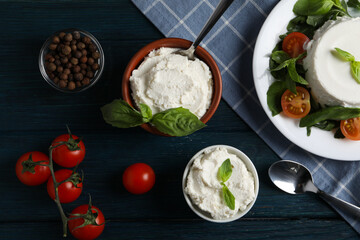 Concept of tasty dairy product - ricotta cheese, top view