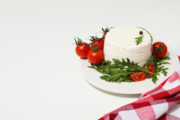 Concept of tasty dairy product - ricotta cheese, space for text