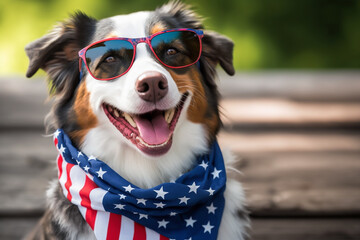 Dog in front of USA flag, independence day 4th July
