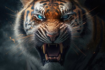 A close up of a Tiger's head shows its teeth and an angry face. Generative AI