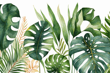 Watercolor Illustration leaves background, tropical plants on white background, AI generated Art
