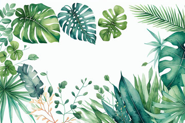 Watercolor Illustration leaves background, tropical plants on white background, AI generated Art