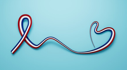 3d Flag Of Netherlands, Heart Shaped Wavy Awareness Ribbon flag On Blue Background, 3d illustration