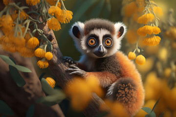 baby lemur with orange fur, yellow eyes, in a fruit tree garden on a spring day, generative ai - obrazy, fototapety, plakaty