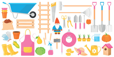 Vector cartoon set with garden objects and tools. The concept of caring for seedlings and vegetable garden. Farm work. Elements for your design.