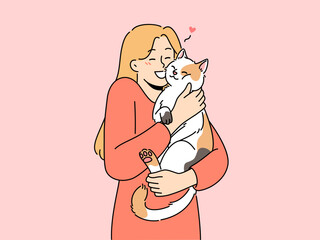 Happy woman hold cat in arms cuddling cute domestic animal. Smiling girl hug fluffy pet. Ownership and friendship. Vector illustration. 