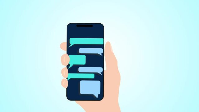 Hand holing black smartphone similar to iphon with blank speech bubbles for text. Text messaging flat design concept.