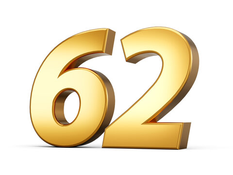 Golden metallic Number 62 Sixty two, White background 3d illustration