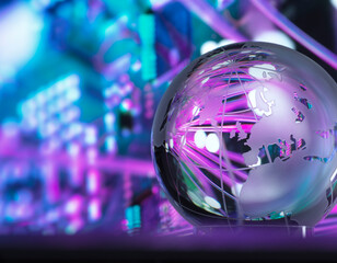 Crystal globe with fibre optics processing data in background