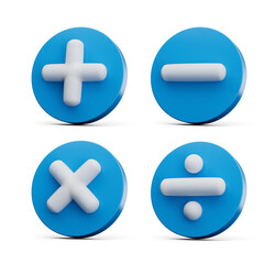Obraz premium 3d Plus, Minus, Multiply And Divide Signs With Blue Buttons On White Background, 3d illustration