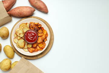 Concept of tasty food, fried sweet potato, space for text