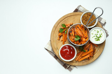 Concept of tasty food, fried sweet potato, space for text