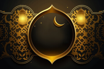 Fototapeta premium Ramadan kareem arabic golden banner design template. Black and gold background. Generative ai.