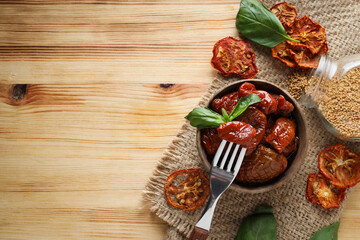 Concept of tasty food - sun-dried tomato, space for text