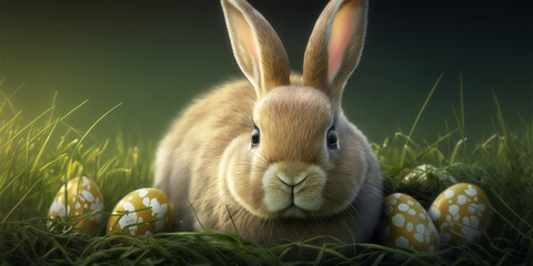 Obraz premium Lapin de Pâques dans l'herbe avec œufs de Pâques. Generative Ai