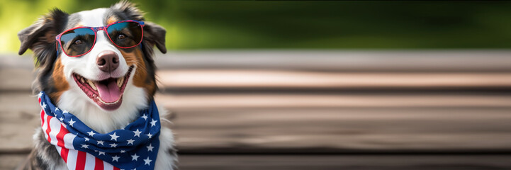 Dog in front of USA flag, independence day 4th July