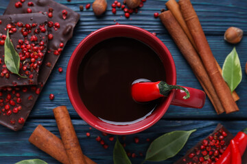 Concept of delicious food - chocolate with pepper and hot chocolate with pepper