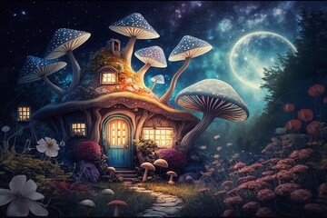 Obraz premium Fantasy Night Milky Sky Mushroom House Illustration. AI Concept Generated Finalized in Photoshop by Me