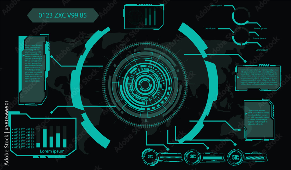 Fototapete digital interface hud elements set pack. user interface, frame screens. callouts titles, fui circle 