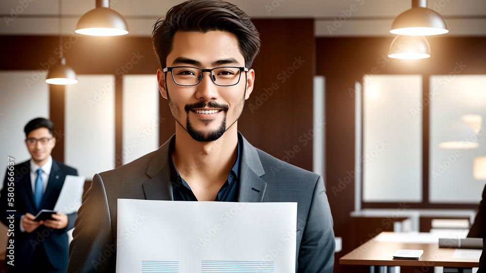 Poster office workres at work holding few sheets of paper in front of them. ai generated