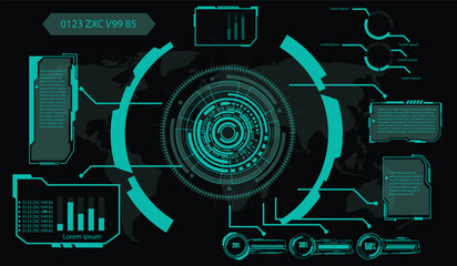 digital interface HUD elements set pack. User Interface, frame screens. Callouts titles, FUI circle set, Loading bars. Dashboard reality technology screen. Vector	