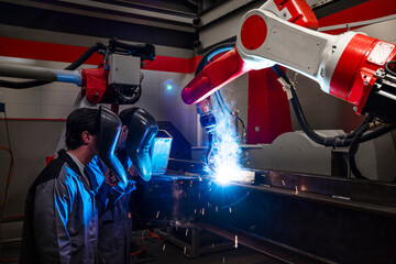 Engineers wearing protective workwear by robotic arm welding in factory