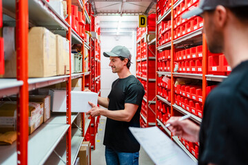 Warehouse workers taking inventory in factory