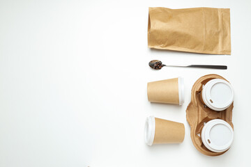 Blank paper cups, composition for delivery and take away concept, space for text