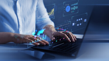 Business finance data analytics graph. Advisor using KPI Dashboard on virtual screen.Financial...