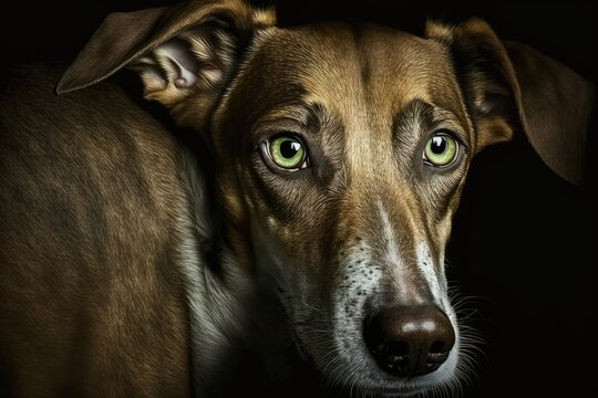Podenko ibitsenko, ibisan greyhound, ibizan. Hunting dogs breed. A picture of a brown puppy with green eyes that look smart in the dark. Dogs of different breeds. stray dog was left behind. Animals ne