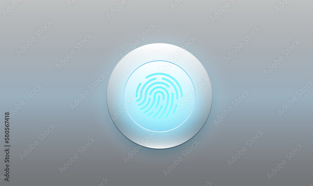 Poster fingerprint scanner icon and round button with metallic background.vector illustration