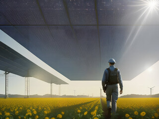 Generative Illustration AI of man wearing engineer helmet walking through the filed under big solar panels 