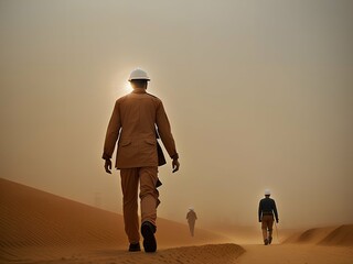 Generative Illustration AI of three engineers walking in desert during sand storm
