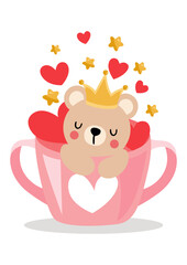 Cute teddy bear with crown on head inside love cup