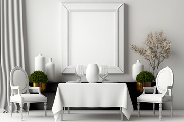 blank white mockup of a wall interior with a dining table and decorations, generative AI