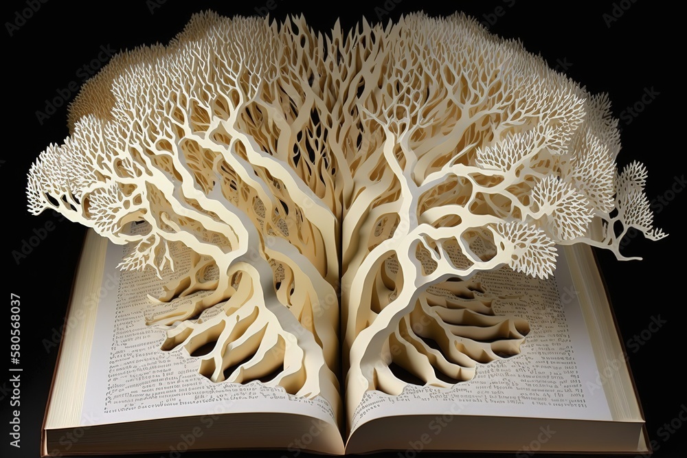 Poster Ancient open book with sprawling tree branches inside. Generative AI