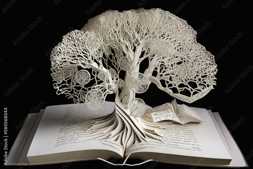 Poster Ancient open book with sprawling tree branches inside. Generative AI