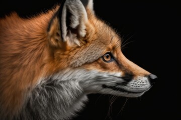 Fototapeta premium Close up profile portrait of a red fox on a black background. Generative AI